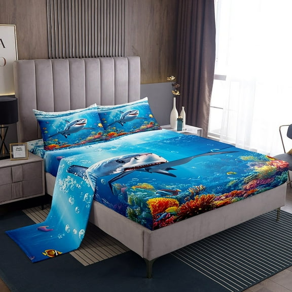 Erosebridal Kawaii Shark Sheet Set King, Ocean Animal Bedding Sets King Size, Underwater World Decor