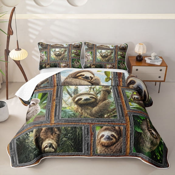 Erosebridal Kawaii Sloth Animal Bed Spread Queen for Boys Girls, Jungle Foliage Print Queen Coverlet Set, 3-Piece