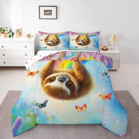 Erosebridal Kawaii Sloth Bedding Queen Comforter Set, Chic Butterfly Rainbow Down Comforter, Animal Theme Room Decor, Reversible 3 Pieces