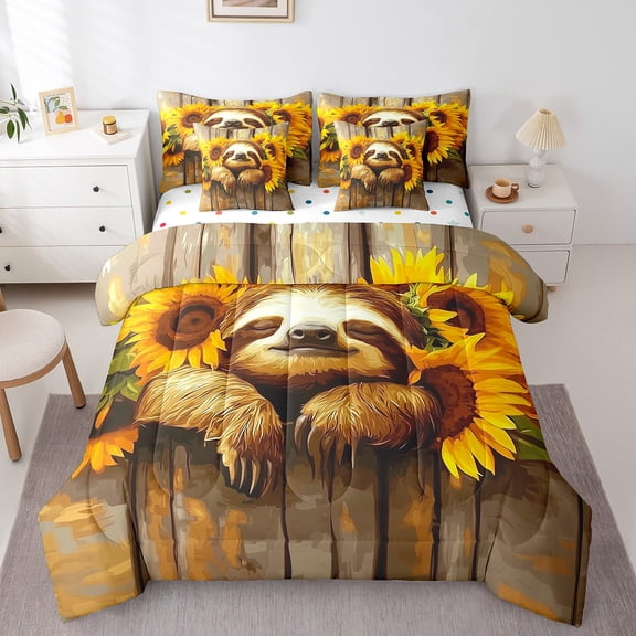 Erosebridal Kawaii Sloth Bedding Twin Size, Cute Wildlife Comforter Sets with Sheets, Chic Sunflower Room Decorative, Reversible 7pcs