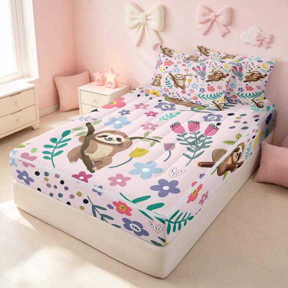 Erosebridal Kawaii Sloth Zipper Twin Comforter Sets with Fitted Sheet and 2 Pillowcases for Girls, Cute Wildlife Zipper Bedding Set, Pink Reversible