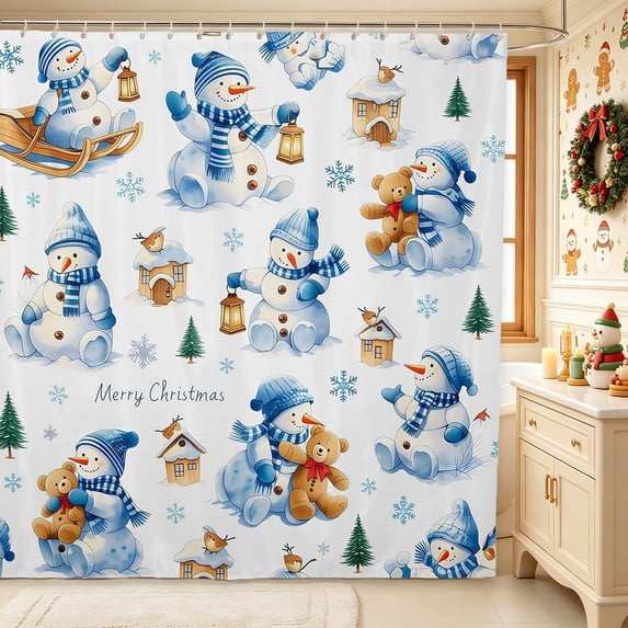 Erosebridal Kawaii Snowman Bear Shower Curtain 72Wx78L,Merry Christmas Bath Curtain,Blue White