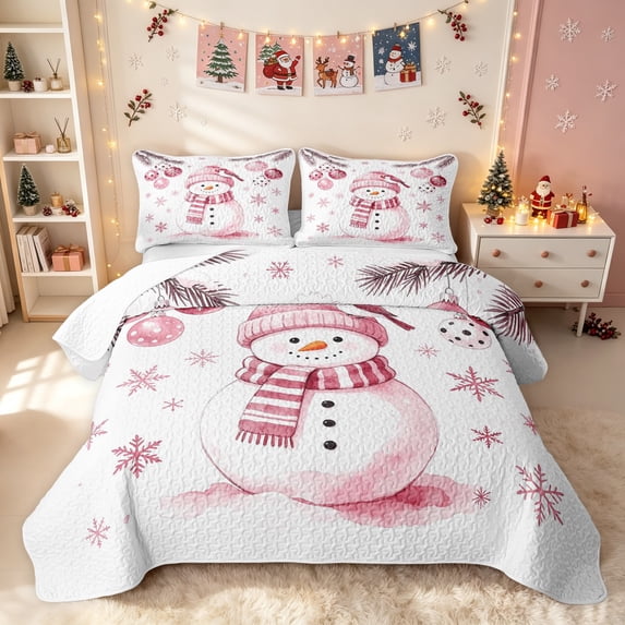 Erosebridal Kawaii Snowman Quilt King, Winter Snowflake King Coverlet Set, White Pink, 3-Piece, 1 Bedspread and 2 Pillowcases