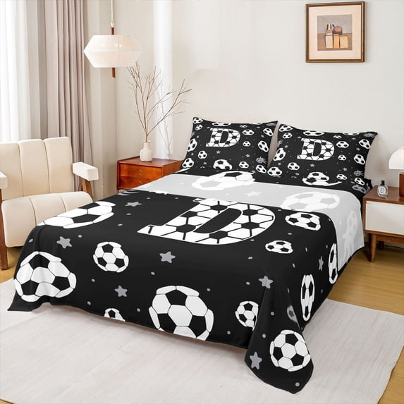 Erosebridal Kawaii Soccer Pattern Kids Queen Sheet Sets,Letter D Monogrammed Bed Set For Boys Teens 4-Piece