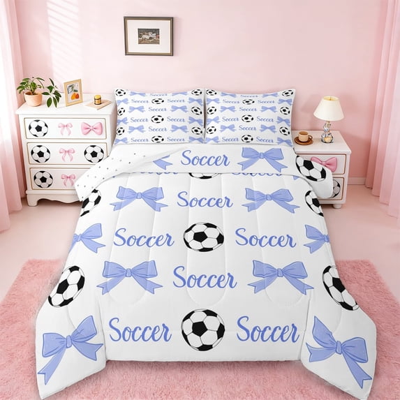 Erosebridal Kawaii Soccer Queen Comforter Set,Cute Bow Knot Print Bedding Comforter Set For Girls Kids,Reversible Black 3-Piece