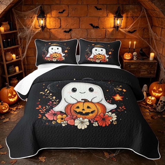 Erosebridal Kawaii Spooky Animal Quilt King, Happy Halloween King Coverlet Set for Boys Girls, White Orange Red, 3pcs 1 Bedspread and 2 Pillowcases