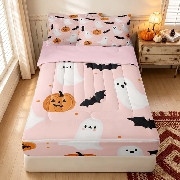 Erosebridal Kawaii Spooky Animal Zipper Twin Comforter Sets with Fitted Sheet and 2 Pillowcases, Cartoon Pumpkin Zipper Bedding Set for Girls, Blush Pink Orange Black, Pink Reversible
