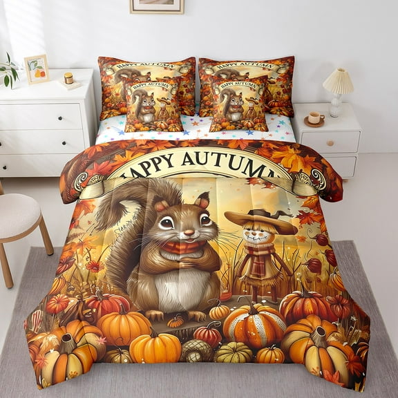 Erosebridal Kawaii Squirrel Scarecrow Bed in a Bag Twin Size,Orange Pumpkin Bed Set,Fallen Leaves Bedding Twin Size For Girly Teens,Microfiber Bedroom Decor Reversible,7 Pieces