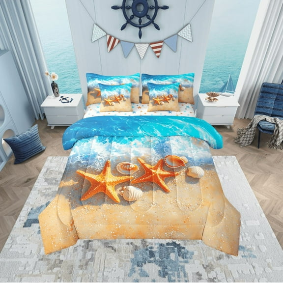 Erosebridal Kawaii Starfish Bedding Twin Size, Summer Beach Bedding Sets Twin Size, Marine Seashell Reversible Bed Set, Super Cozy Room Decoration, 7-Piece