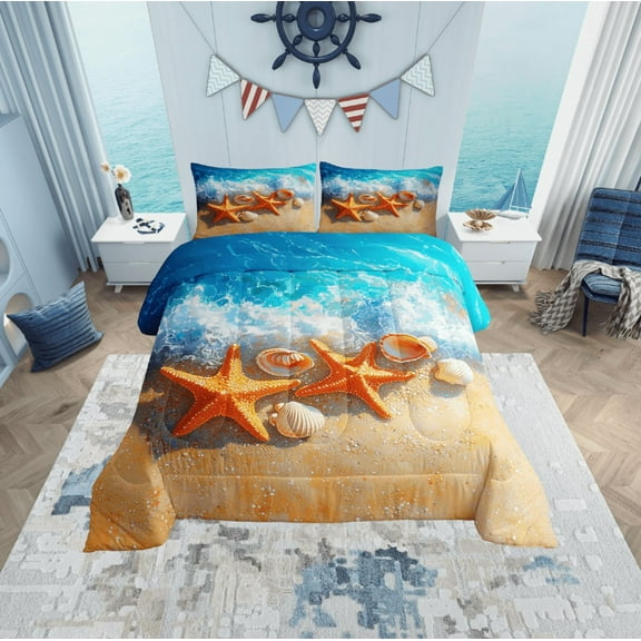 Erosebridal Kawaii Starfish Comforter Sets Twin Size, Summer Beach Comforters & Duvets, Marine Seashell Reversible Duvet Insert, Super Cozy Room Decoration, 2-Piece