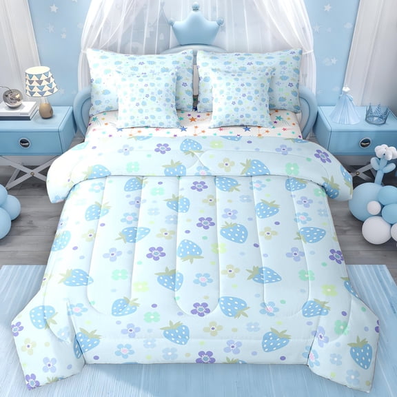 Erosebridal Kawaii Strawberry Twin Bedding Sets for Kids Girls, Chic Blossoms Bedding Comforter Set, Blue, Colorful Stars Reversible, 7 Pieces
