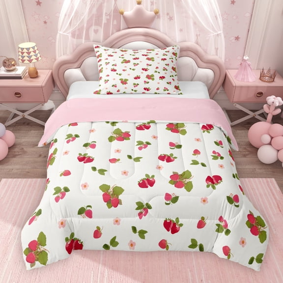 Erosebridal Kawaii Strawberry Twin Comforter Sets for Girls, Pink Cherry Blossoms Bedding Set, Pink Reversible 2-Piece, 1 Comforter and 1 Pillowcase