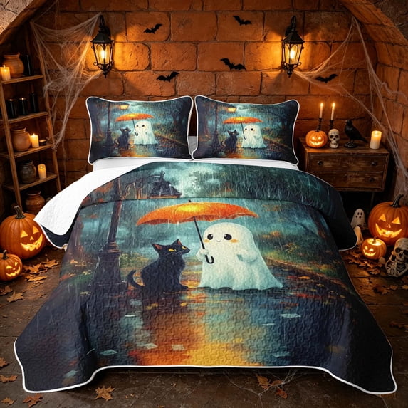 Erosebridal Kawaii Umbrella Ghost Quilt Full, Happy Halloween Full Bedspread Sets for Boys Girls, Teal Orange White, 3pcs 1 Coverlet and 2 Pillowcases