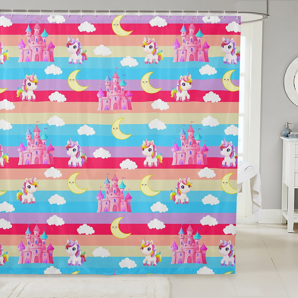 Erosebridal Kawaii Unicorn Bathroom Curtain 72x72, Princess Castle Bath