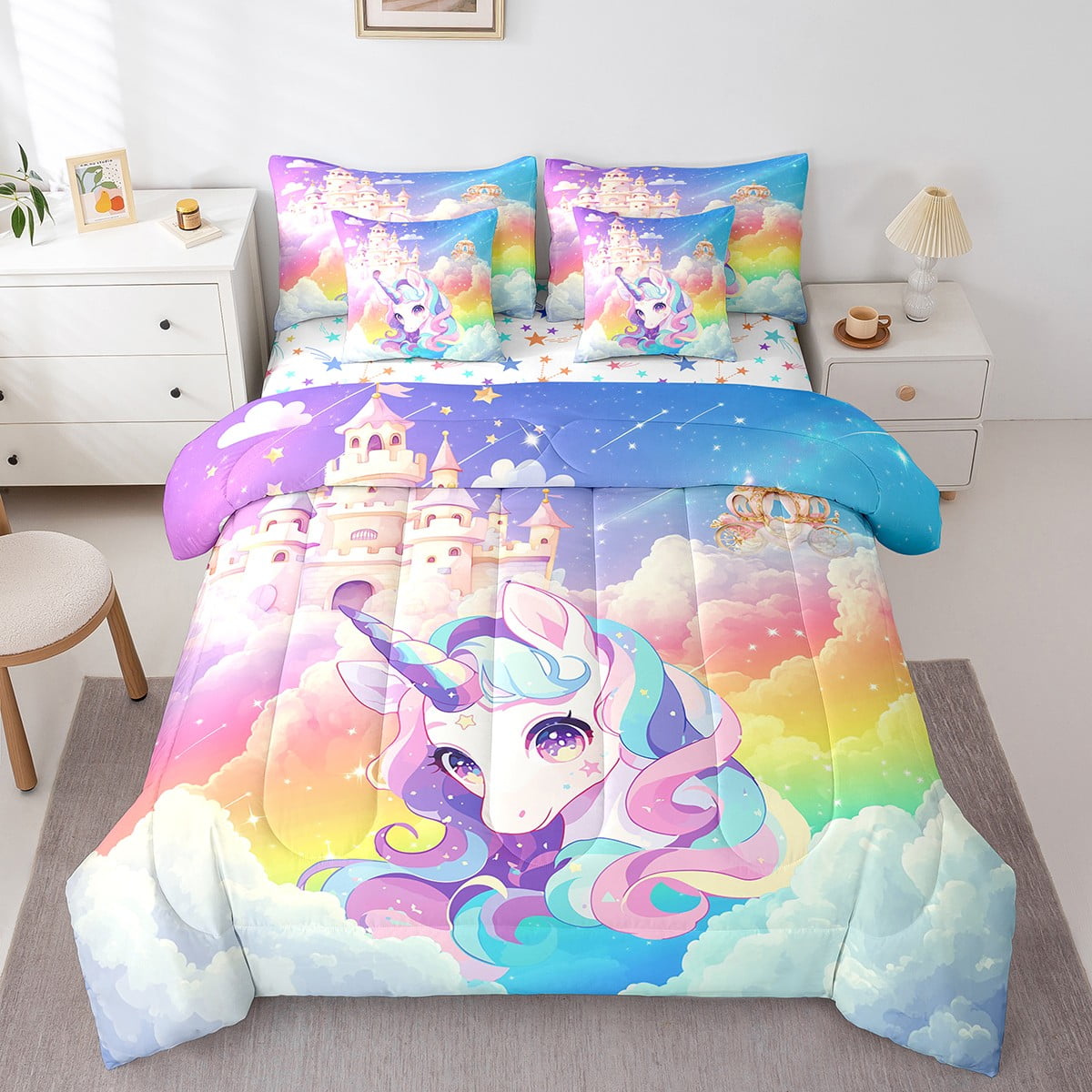 Erosebridal Kawaii Unicorn Bed in a Bag Full size,Stars Castle Bed Set ...