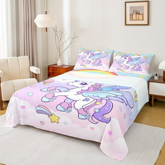 Erosebridal Kawaii Unicorn Bed Sheets Set Twin Size,Magic Animal Bedding Sets Twin Size,Rainbow Stars Wings Bed Sheets Twin For Girls,Microfiber Bedroom Decoration,3-Piece