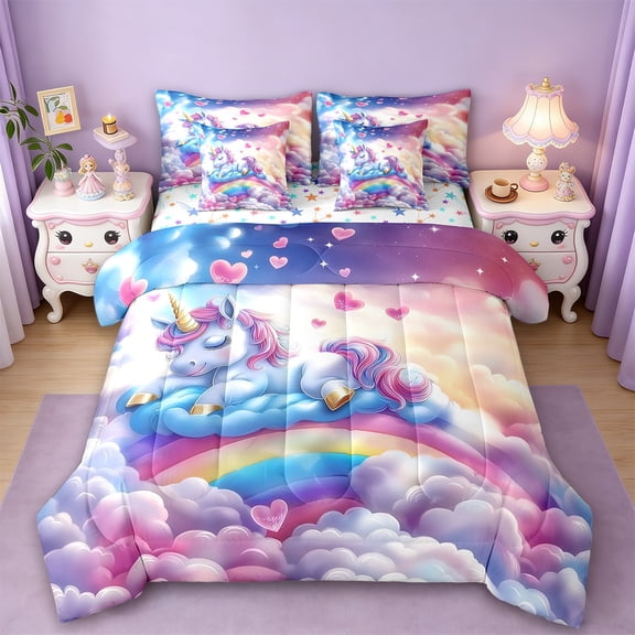 Erosebridal Kawaii Unicorn Bedding Full Size,3D Cartoon Animal Comforter Sets with Sheets,Rainbow Clouds Hearts Bedding Sets Full Size For Princess,Microfiber Bedroom Decor Reversible,7pcs
