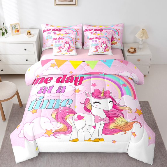 Erosebridal Kawaii Unicorn Bedding Full Size,Colorful Rainbow Stars Comforter Sets with Sheets,Magic Animal Bedding Sets Full Size For Girls,Microfiber Bedroom Decoration Reversible,7pcs