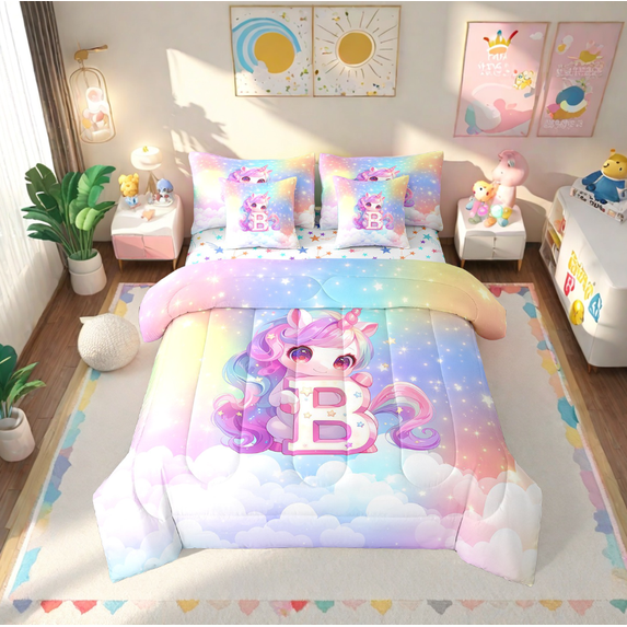 Erosebridal Kawaii Unicorn Bedding Full Size, Personalized Letter B Comforter Sets With Sheets, Cute Stars Clouds Bedding Sets Full Size, Breathable Room Decorative,7-Piece Reversible
