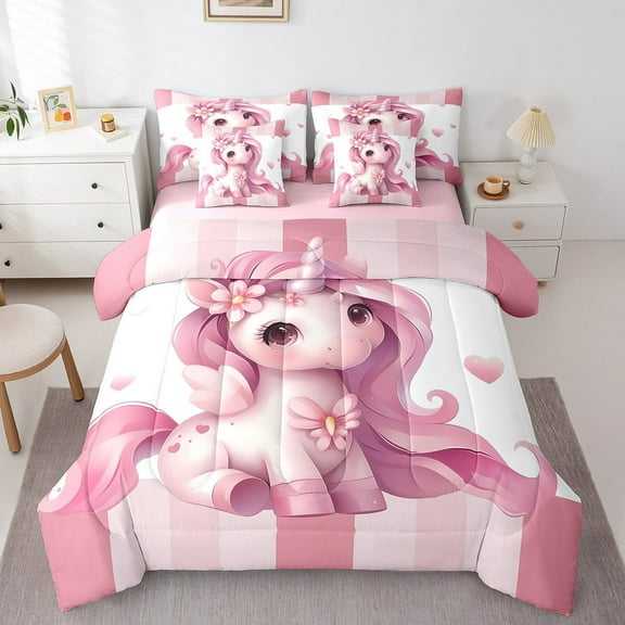 Erosebridal Kawaii Unicorn Bedding Queen Size,Dreamy Princess Comforter Sets with Sheets,Super Cozy Reversible Bedding Sets Queen Size,Floral Room Decorative,7 Pieces