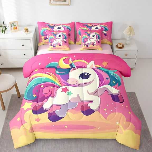 Erosebridal Kawaii Unicorn Bedding Sets Full Size, Cartoon Cloud Comforter Sets with Sheets, Teens Teenager Reversible Bed Sheets Set, Ultra Soft Room Decoration, 7pcs