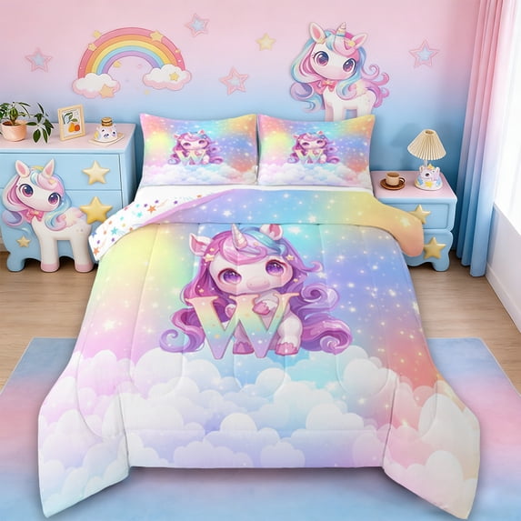 Erosebridal Kawaii Unicorn Bedding Sets Queen With Comforter, Personalized Letter W Duvet Insert, Cute Stars Clouds Comforter Sets Queen Size, Breathable Room Decorative,3Pcs Reversible
