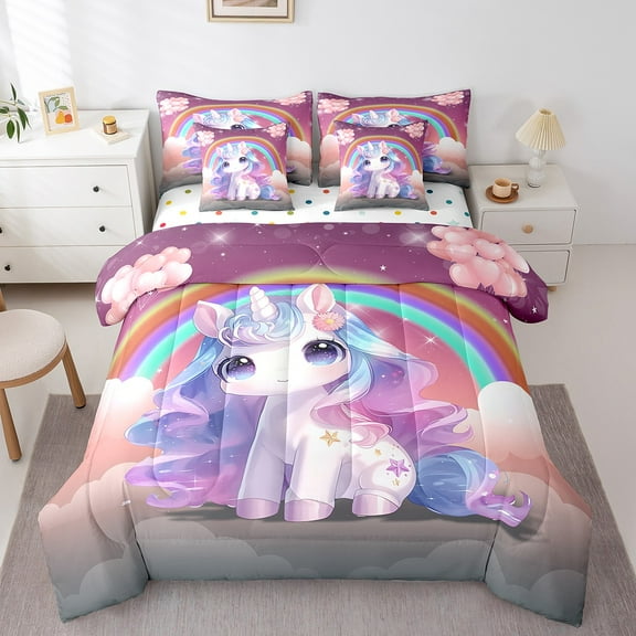 Erosebridal Kawaii Unicorn Bedding Sets Twin Size,Cartoon Rainbow Comforter Sets with Sheets,Magical Horse Bed in a Bag Twin size,Breathable Animal Bedroom Decorative,Reversible,7-Piece