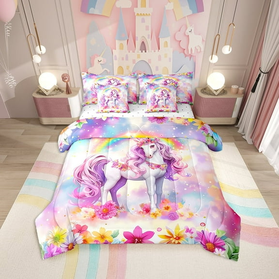Erosebridal Kawaii Unicorn Bedding Sets Twin Size, Magical Animal Comforter Sets with Sheets, Rainbow Floral Decor, 7pcs