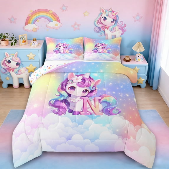 Erosebridal Kawaii Unicorn Comforter Sets King Size, Personalized Letter N Comforters & Duvets, Cute Stars Clouds Bedding King Comforter Set, Breathable Room Decorative,3-Piece Reversible