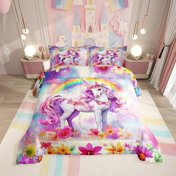 Erosebridal Kawaii Unicorn Comforter Sets Twin Size, Magical Animal Comforters & Duvets, Rainbow Floral Decor, 2pcs