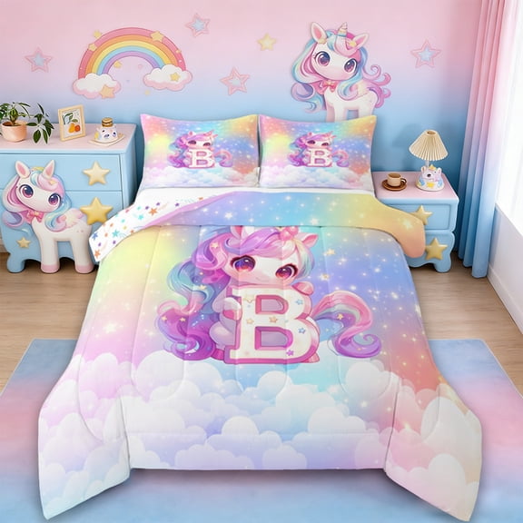 Erosebridal Kawaii Unicorn Comforter Sets Twin Size, Personalized Letter B Comforters & Duvets, Cute Stars Clouds Bedding Twin Comforter Set, Breathable Room Decorative,2-Piece Reversible