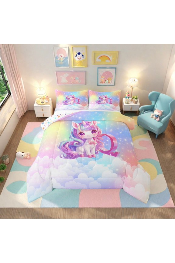 Kawaii Unicorn Comforter Sets Twin Size, Personalized Letter Q Comforters & Duvets, Cute Stars Clouds Bedding Twin Comforter Set, Breathable Room Decorative,2-Piece Reversible