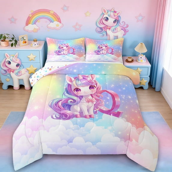 Erosebridal Kawaii Unicorn Comforter Sets Twin Size, Personalized Letter Q Comforters & Duvets, Cute Stars Clouds Bedding Twin Comforter Set, Breathable Room Decorative,2-Piece Reversible