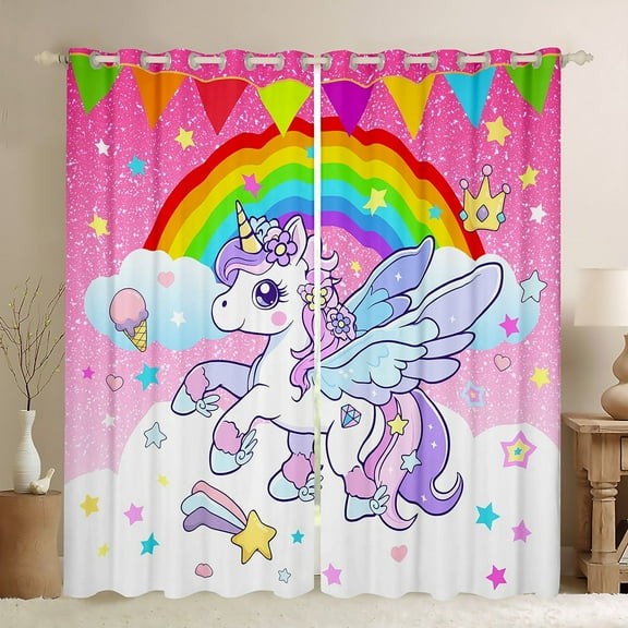 Erosebridal Kawaii Unicorn Curtains Pack of 2(38x45),Magic Animal Black Out Curtains,Rainbow Stars Triangle Curtains for Living Room For Girls,Microfiber Bedroom Decoration