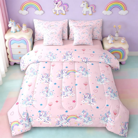 Erosebridal Kawaii Unicorn Kids 7-Piece Twin Bedding Sets,Pink Loves Balloon Blue Stars Print Bedding Comforter Set For Girls,Reversible Pink