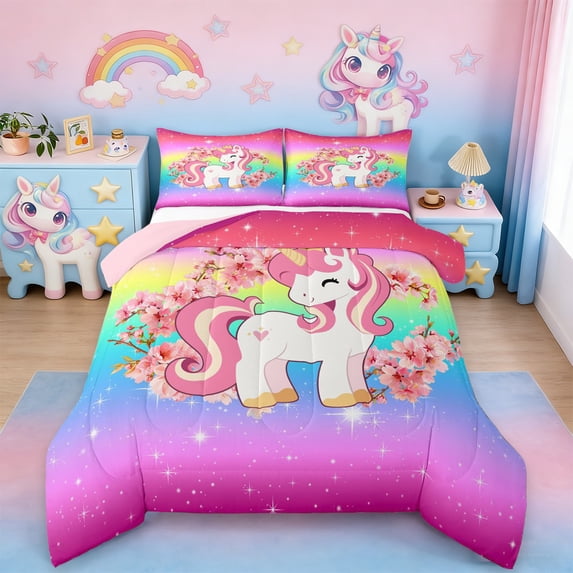 Erosebridal Kawaii Unicorn Kids Full Size Comforter Sets,Pink Pear Blossom Rustic Flowers Bedding Sets For Girls,Reversible Pink 3pcs