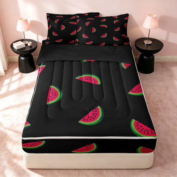 Erosebridal Kawaii Watermelon Zipper Queen Comforter Set with Fitted Sheet and 2 Pillowcases, Cartoon Fruit Zipper Bedding Set, Black Reversible, Black Watermelon, Black Reversible