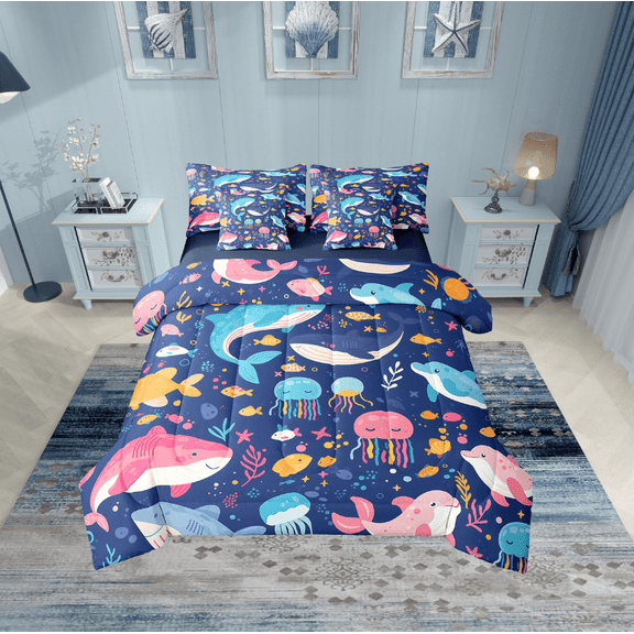 Erosebridal Kawaii Whale Bedding Sets Twin Size, Cute Jellyfish Comforter Sets with Sheets, Cartoon Sealife Reversible Bed Set, Super Cozy Room Decorative, 7pcs