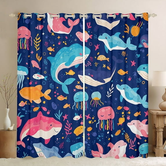 Erosebridal Kawaii Whale Curtains for Living Room, Cute Jellyfish 30%-50% Blackout Curtains Set of 2 (38x45), Cartoon Sealife Curtains and Drapes (38x45), Window Curtains Room Decorative