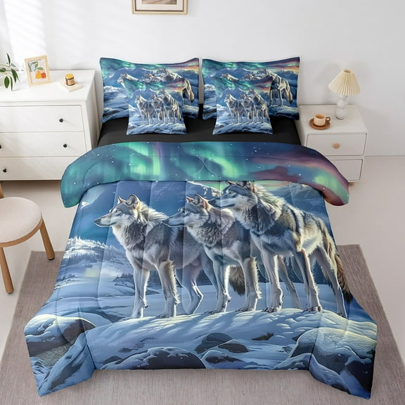 Erosebridal Kawaii Wolf Bedding Sets Full Size, Nature Scenery Comforter Sets with Sheets, Woodland Wildlife Reversible Bed Sheets Set, Breathable Room Decoration, 7pcs