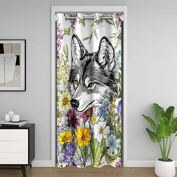 Erosebridal Kawaii Wolf Door Curtain Panel 42x80, Groovy Daisy Flower Room Divider Curtain, Cute Animal Decor