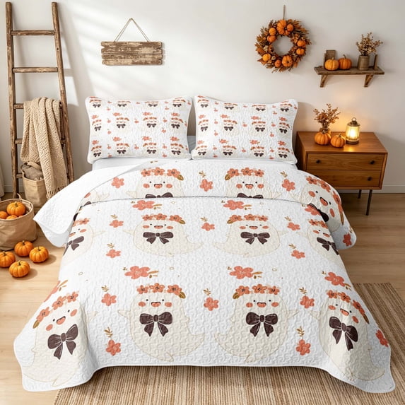Erosebridal Kawaii Wreath Ghost Bed Spread Queen, Cute Blossom Bow Queen Coverlet Set for Boys Girls, Cream Rust Orange, 3pcs 1 Quilt and 2 Pillowcases
