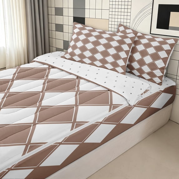 Erosebridal Khaki Square Abstract Zipper Queen Comforter Set with Fitted Sheet and 2 Pillowcases for Boys Girls, Modern Fashion Rhombus Zipper Bedding Set, Reversible, 4-Piece