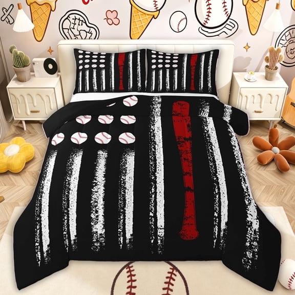 Erosebridal Kid Baseball Queen Comforter Set, Cartoon Ball Sport Bedding Comforter Set, Black Reversible, 3 Pieces
