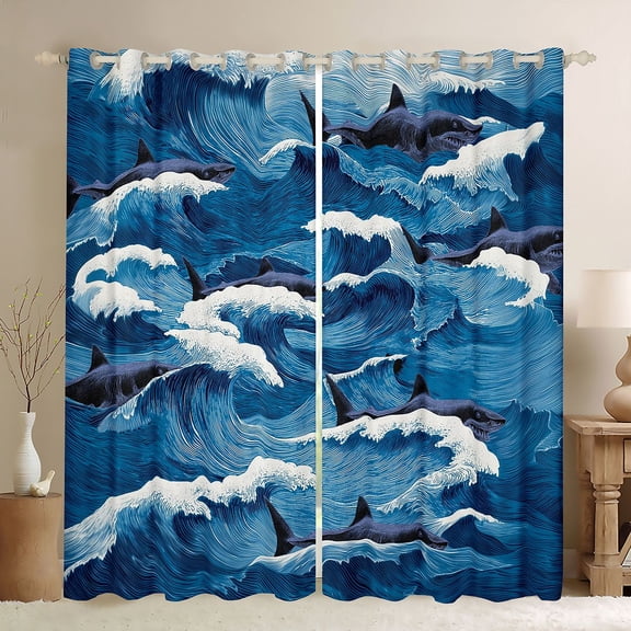 Erosebridal Kid Blue Shark Black Out Curtains, Japanese Ocean Waves Curtains Pack of 2 (42x63 Each)