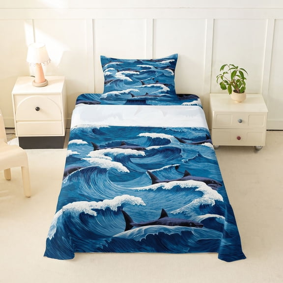 Erosebridal Kid Blue Shark Twin Sheet Sets, Japanese Ocean Waves Bedding, 3-Piece