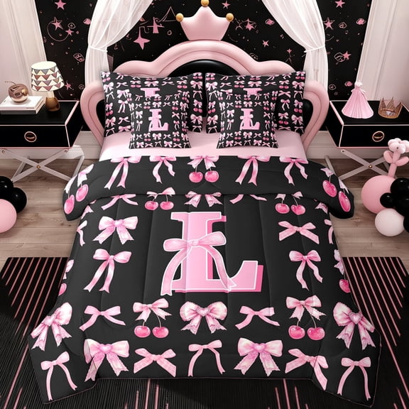 Erosebridal Kid Bow Initial L Twin Bedding Sets, Princess Style Bedding Comforter Set, Pink Reversible, 7-Piece