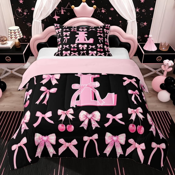 Erosebridal Kid Bow Initial L Twin Comforter Sets, Princess Style Bedding Set, Pink Reversible, 2-Piece
