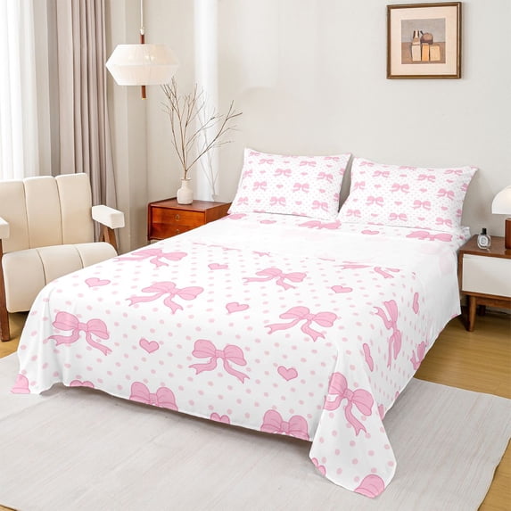 Erosebridal Kid Butterfly Bow Knot Bed Sheets, Love Heart King Sheets, White Pink, 4-Piece