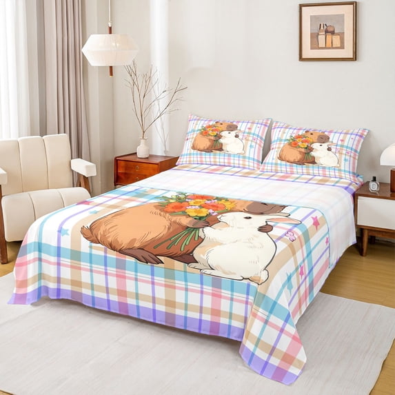 Erosebridal Kid Capybara Rabbit Bed Sheets, Buffalo Stripes King Sheets, 4pcs